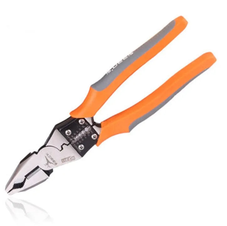 Orange multi-function wire cutter pliers with alloy steel head and textured PVC handles.