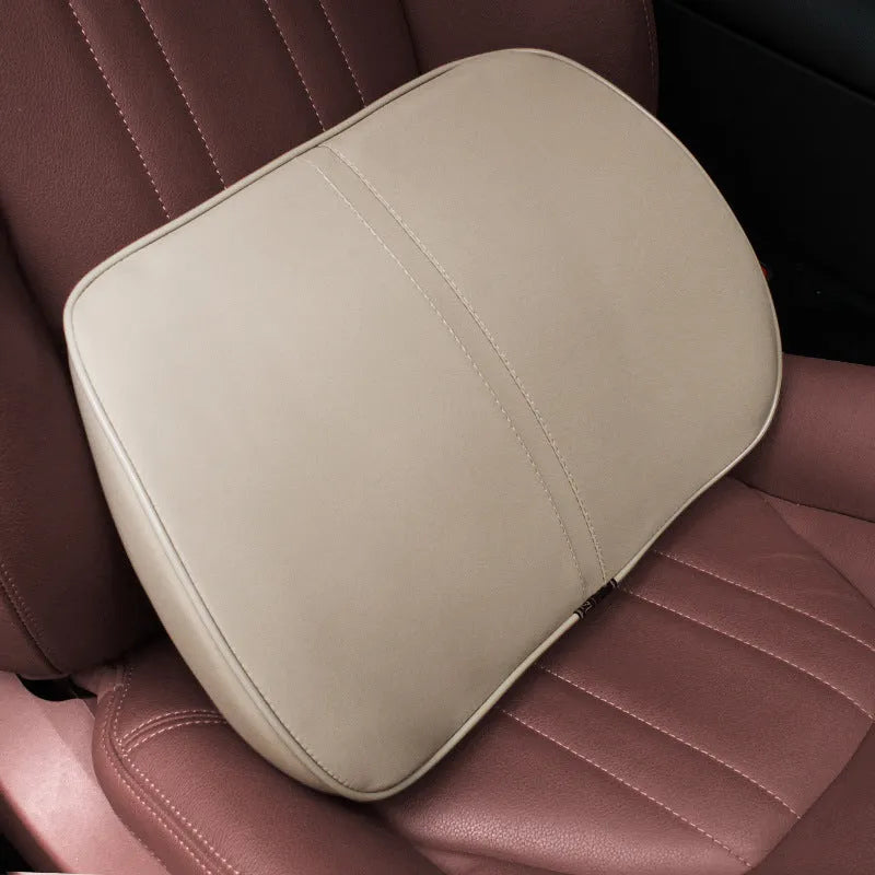 Memory foam car headrest and lumbar support pillow in leather with cotton filler