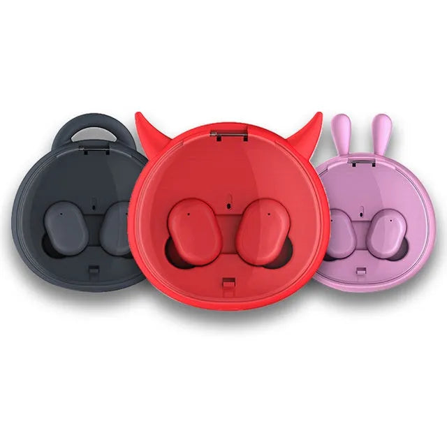 Wireless Bluetooth 5.0 headset with stereo bilateral earplugs and battery display, shown in pink, black and red