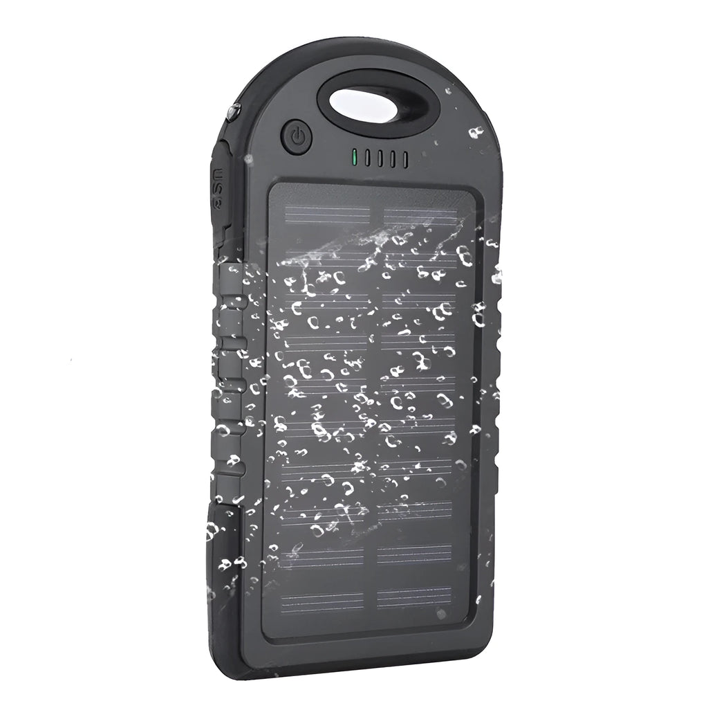 Black portable solar power bank 4000mAh with polymer lithium battery, soft plastic casing, dimensions 143x75x15mm