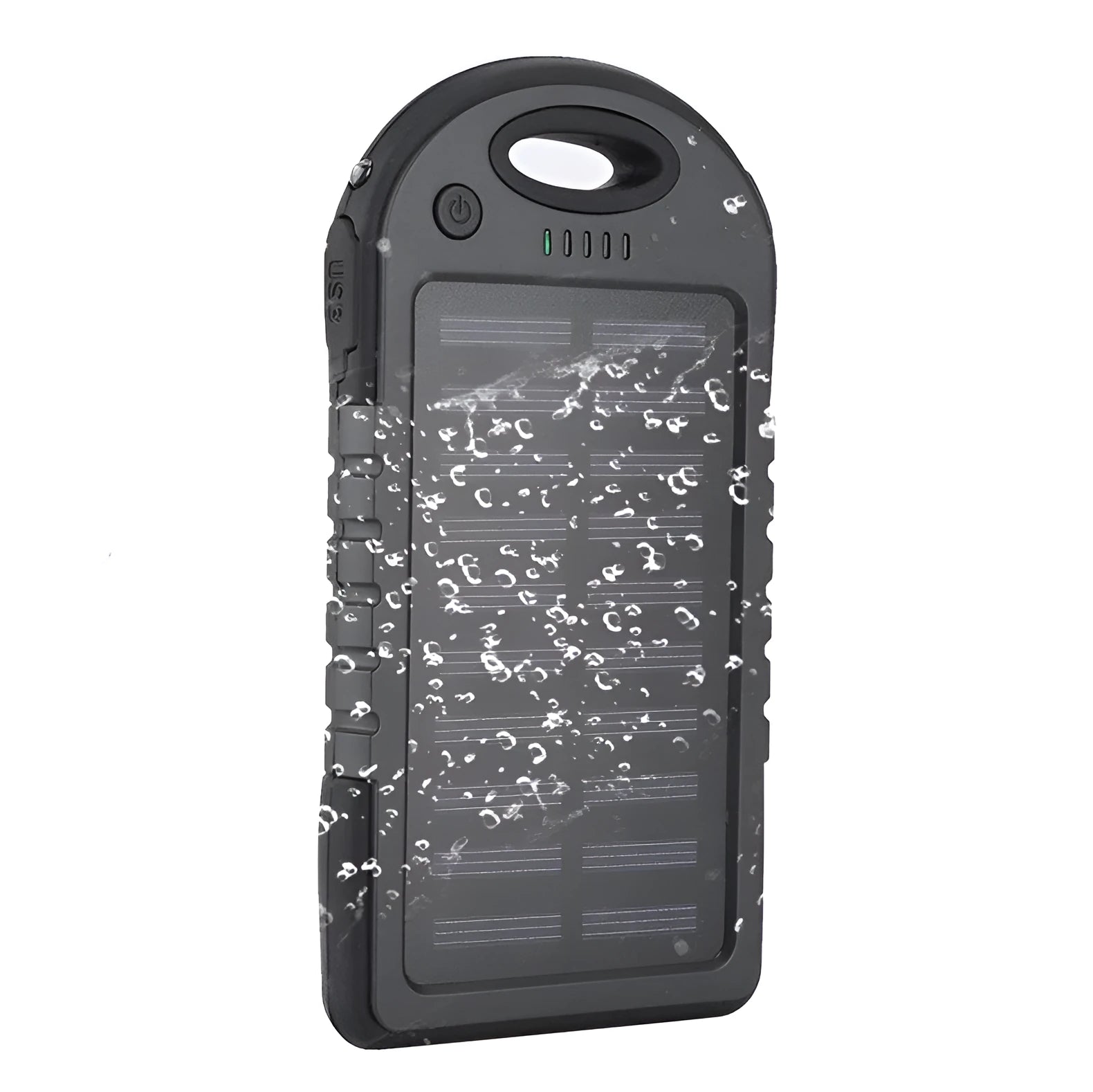 Black portable solar power bank 4000mAh with polymer lithium battery, soft plastic casing, dimensions 143x75x15mm