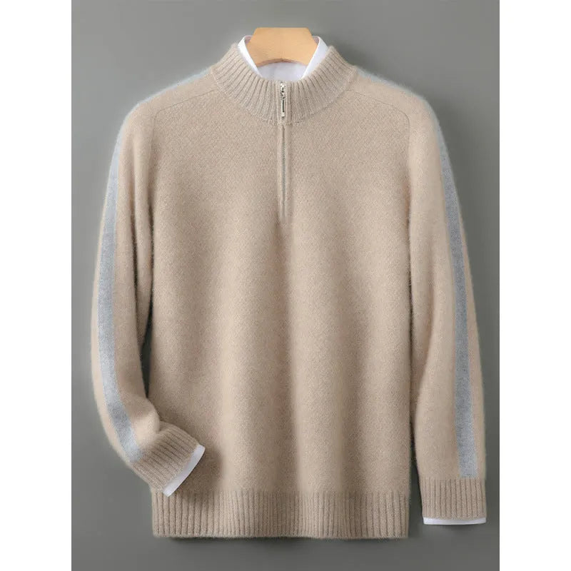 Men's slim fit half zip round neck sweater knitted from woolen yarn in grey.