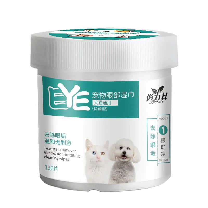 Pack of 130 pre-moistened pet eye wipes for dog tear stain removal in a blue and white container