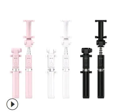 Black Bluetooth selfie stick with tripod bracket extended, holding smartphone