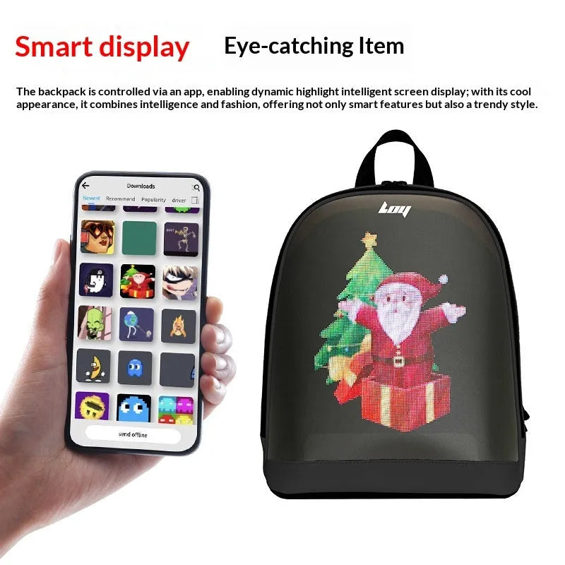 Waterproof PU LED smart backpack 26x11x30cm in black with luminous display and anti-theft design
