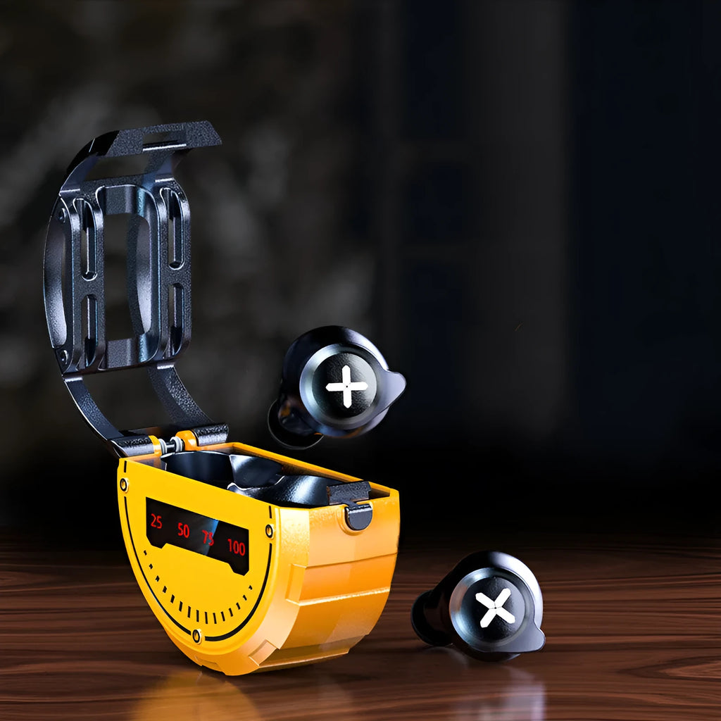 Red wireless Bluetooth in-ear earphones with a charging case on a table