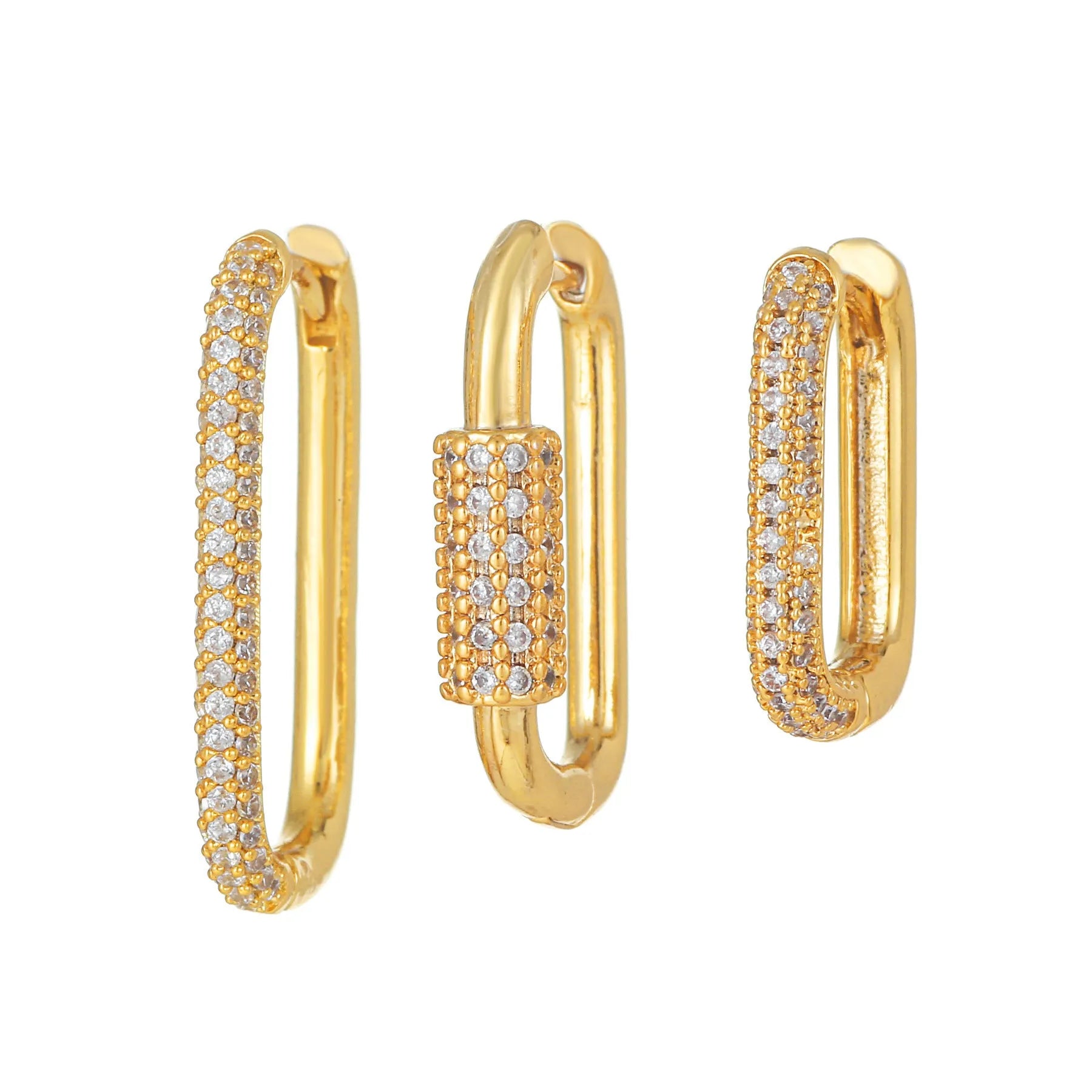 Three geometric copper ear clips with micro inlaid zircon stones in gold and white gold finishes