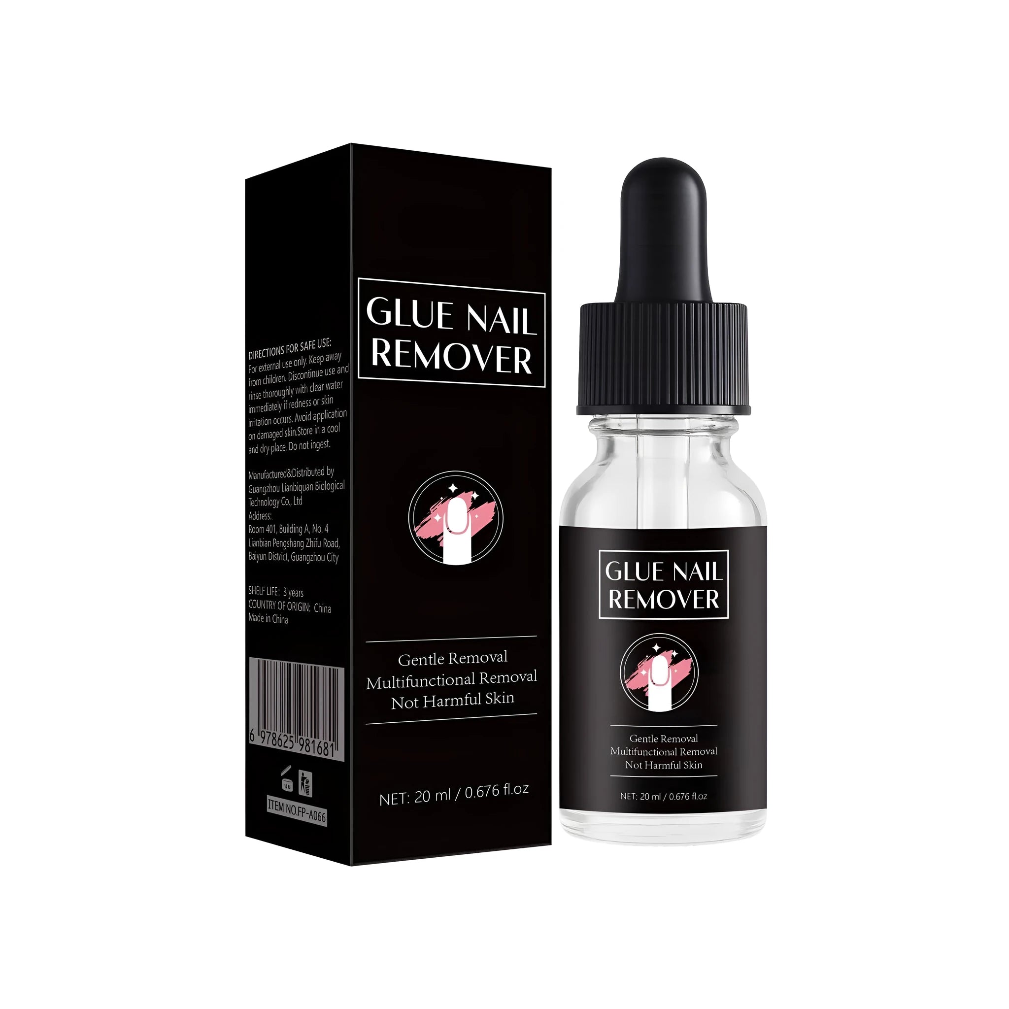 A 20ml bottle of FP-A066 nail glue remover liquid for artificial nails.