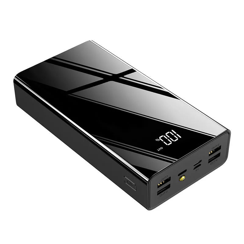 Large 40000mAh red power bank with LCD screen showing battery percentage.