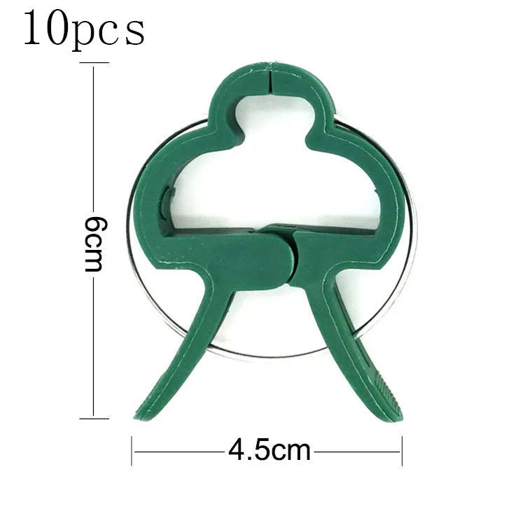 Green plastic and zinc plant fixing clips in large and small sizes for supporting climbing plants in the garden.