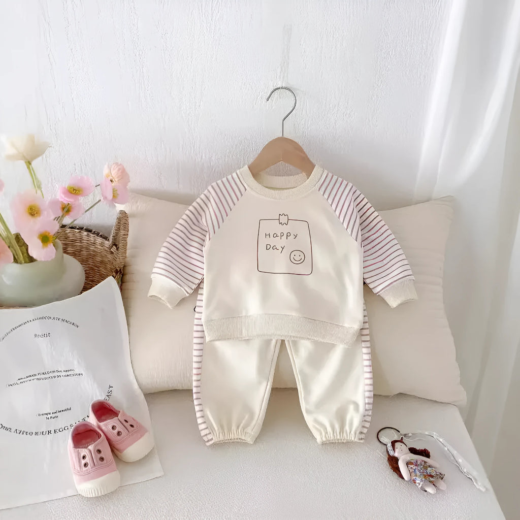 Children's cotton striped sweatshirt and sweatpants two-piece set in light beige, long sleeve pullover style