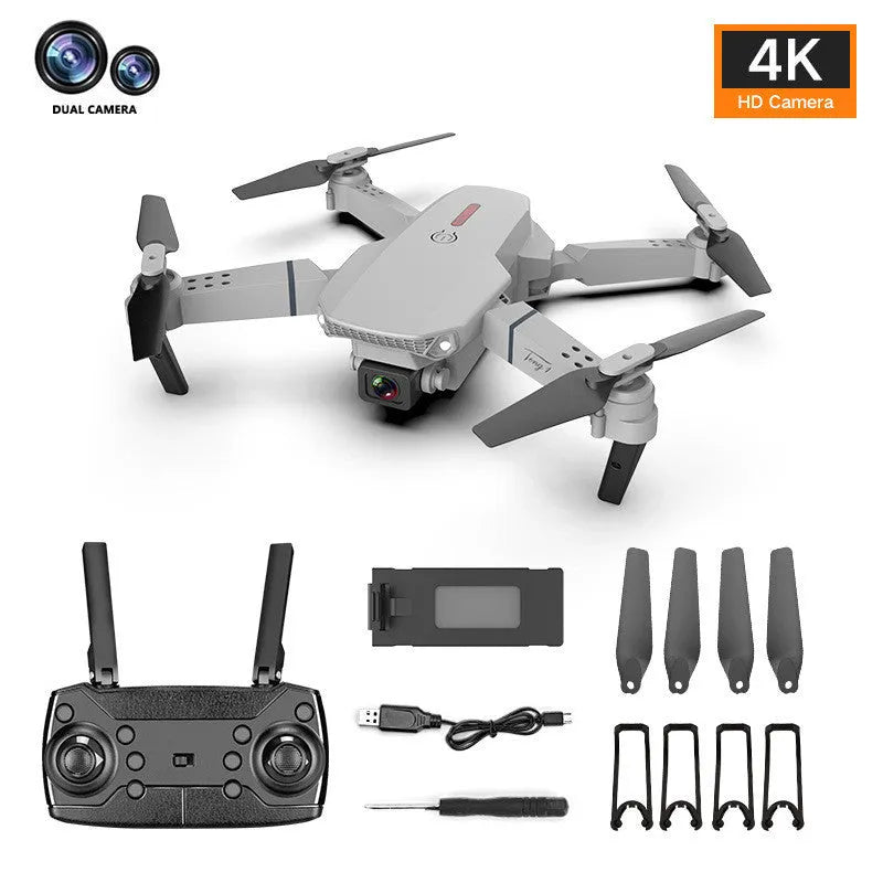 Grey foldable 4K drone with dual camera system and remote control