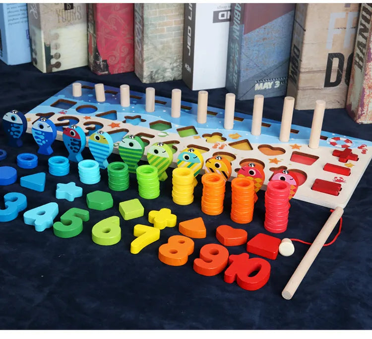 Wooden 3D alphabet and number puzzle toy with multicolour geometric pieces for toddlers.