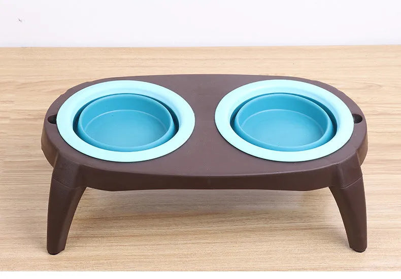 Grey folding pet double bowl made from PP and TPR with non-slip base, packed flat at 38.5 x 21.5 x 12.5 cm