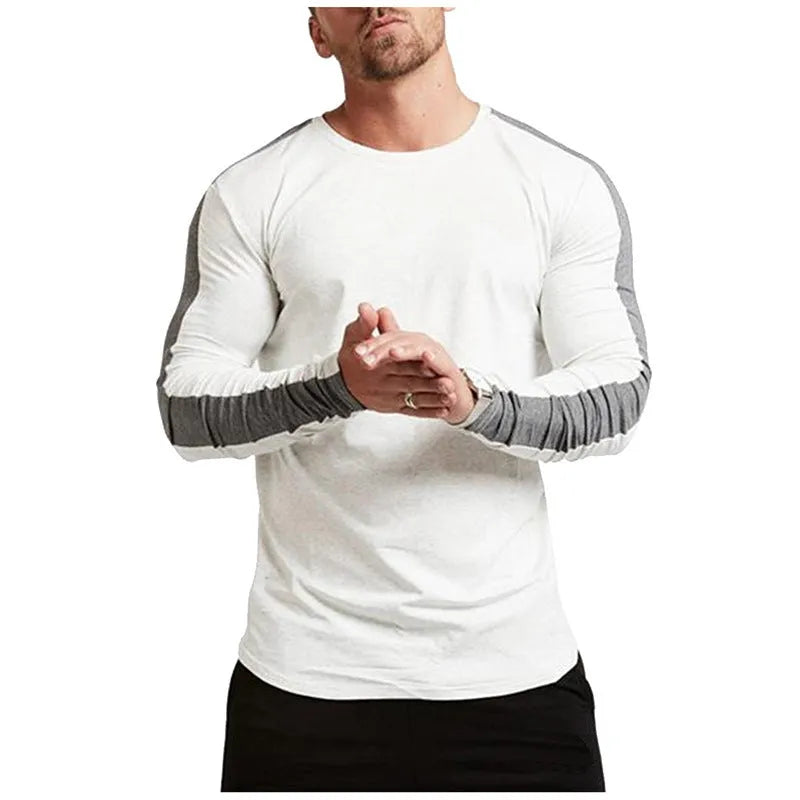 Men's long-sleeved modal T-shirt in white, slim fit, plain round neck, on white background