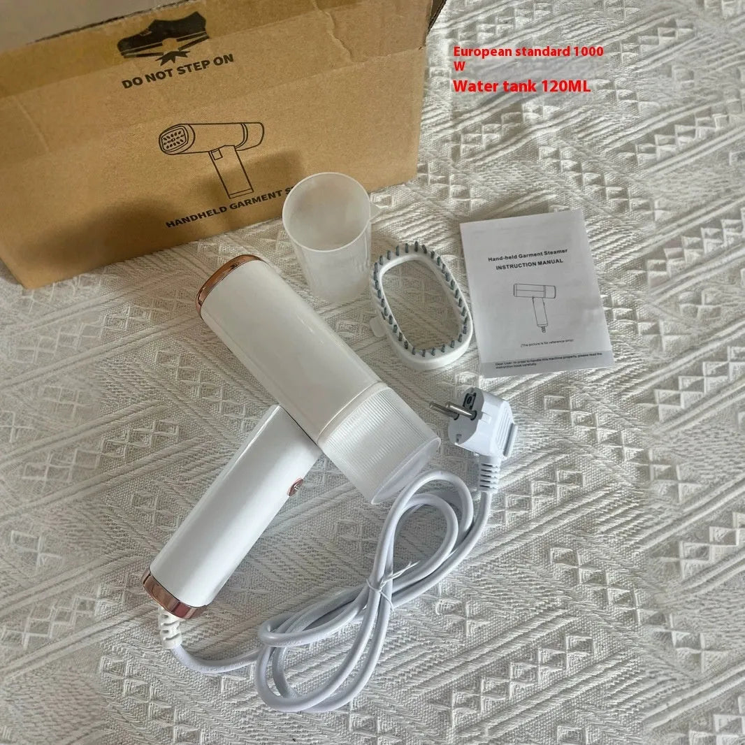 Portable small household handheld garment steamer 1000W white foldable design with UK plug on a white background