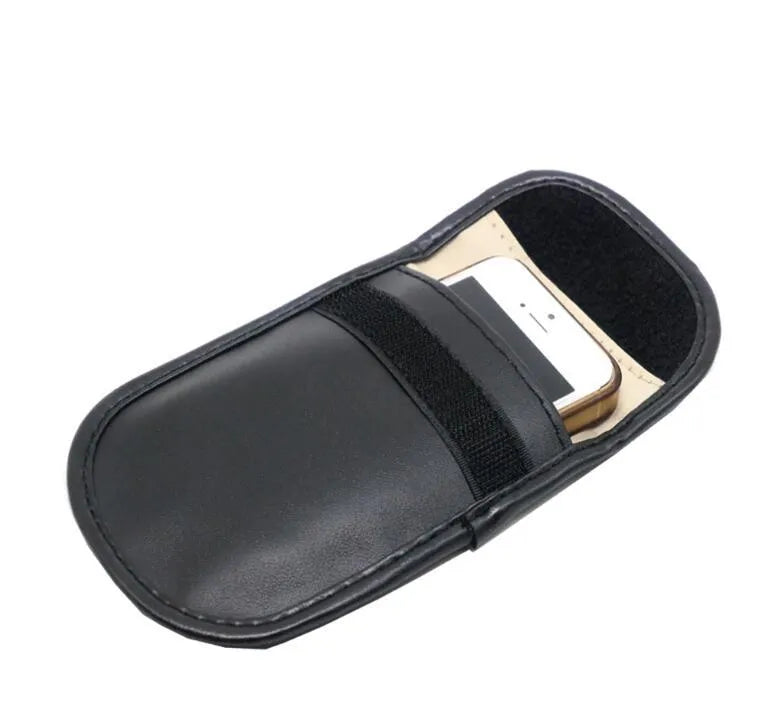Black microfiber RFID signal blocker bag shown closed, measuring 13.5 by 9.5 centimetres.