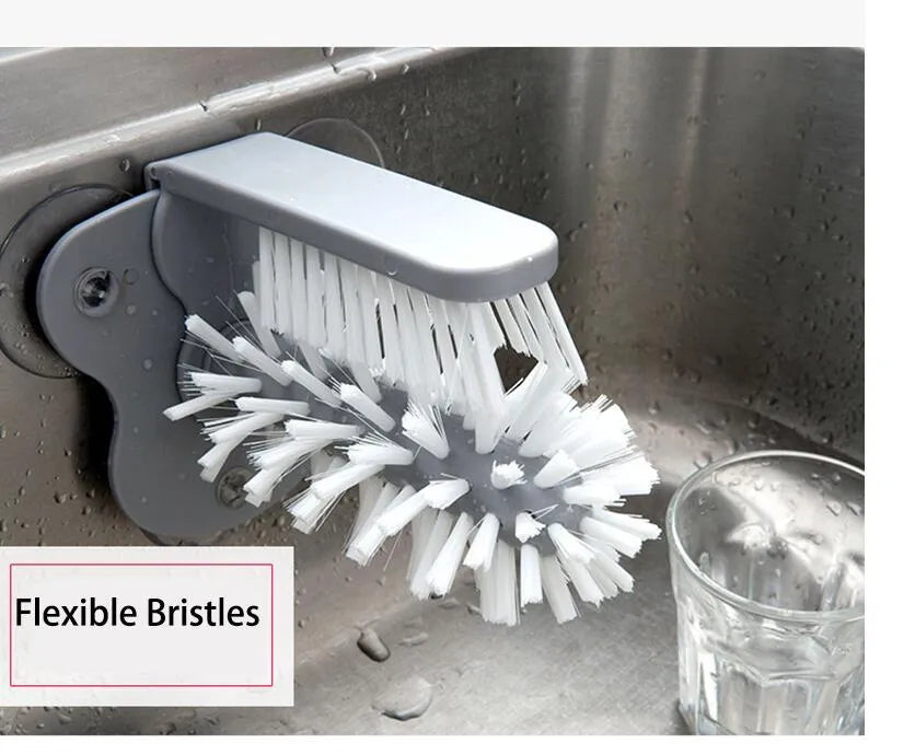 Grey rotating double-headed cup brush with suction cups for wall attachment