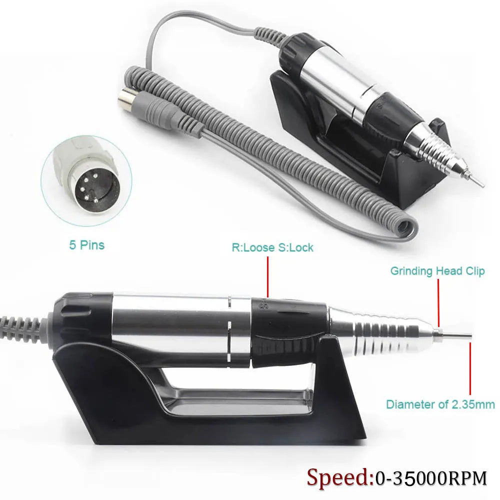Nail 202 sander in pink with handpiece, foot switch, and grinding heads on a white background