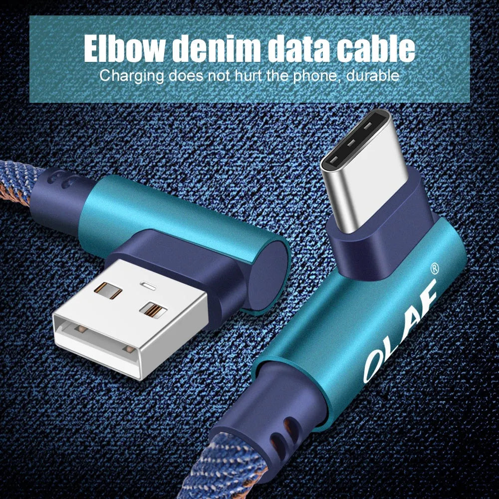 Black USB fast charging cable with denim fabric sheath and aluminium connectors shown at different lengths.