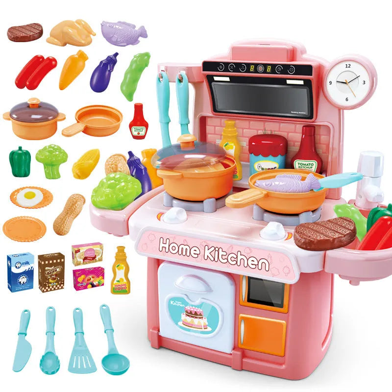 Pink 23-piece kids dishwasher pool play house kitchen set with electronic components and accessories