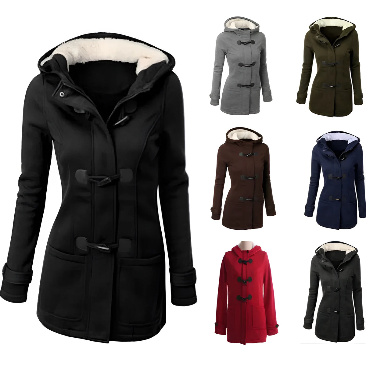 Women's solid colour hooded cotton-padded coat in slim fit polyester, available in multiple colours including black and army green.