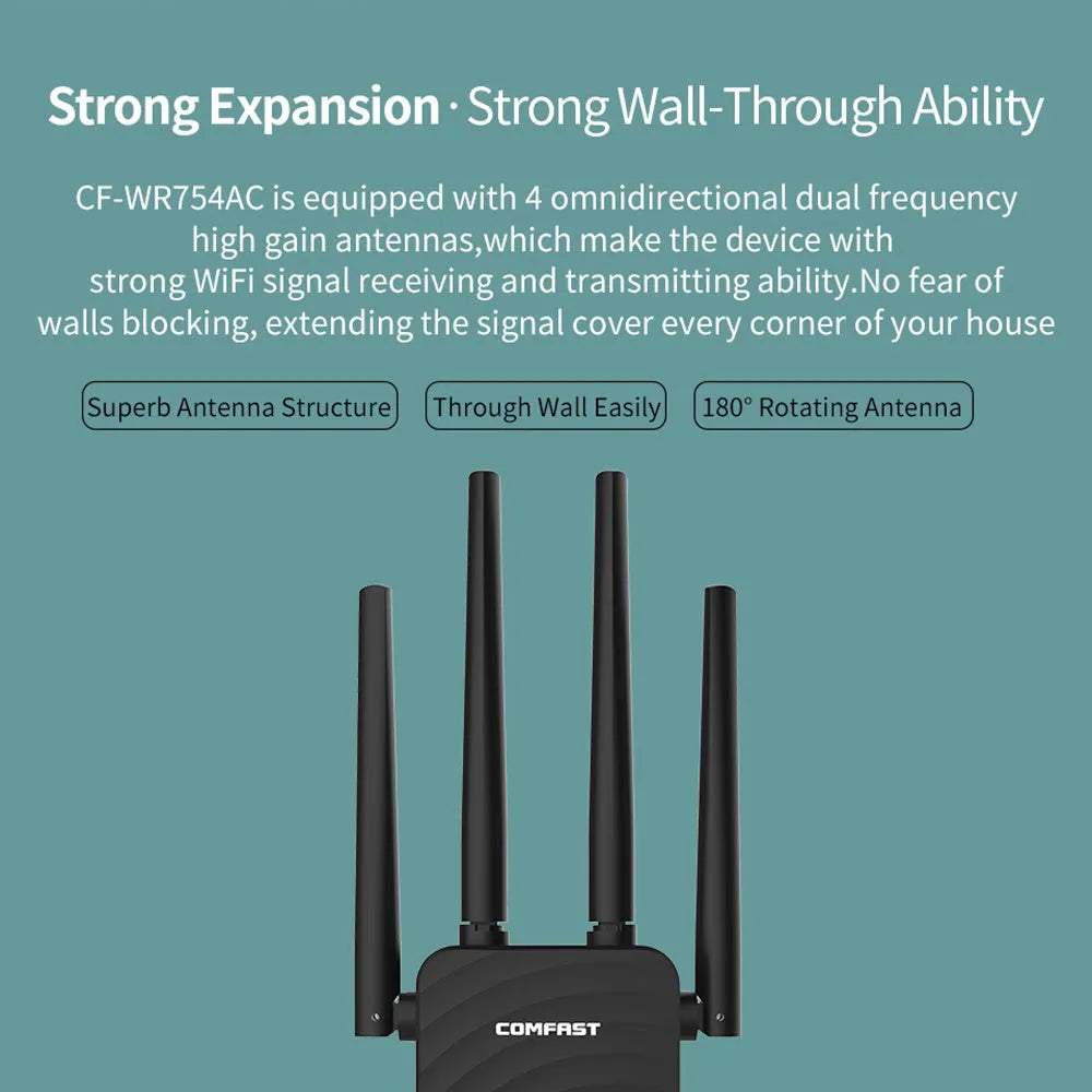 AC1200 dual band WiFi range extender with four 3dBi antennas, black, on white background