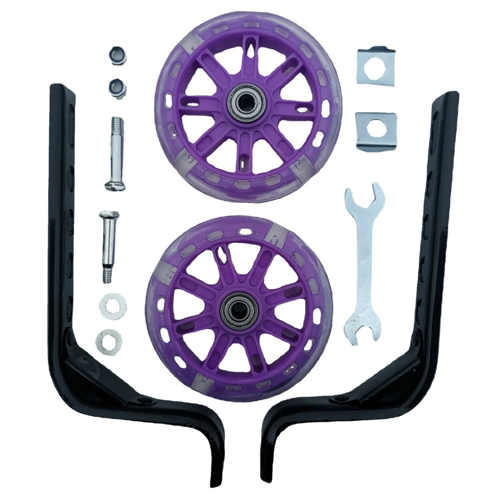 Set of children's bicycle training wheels with vertical brackets, available in multiple colours.
