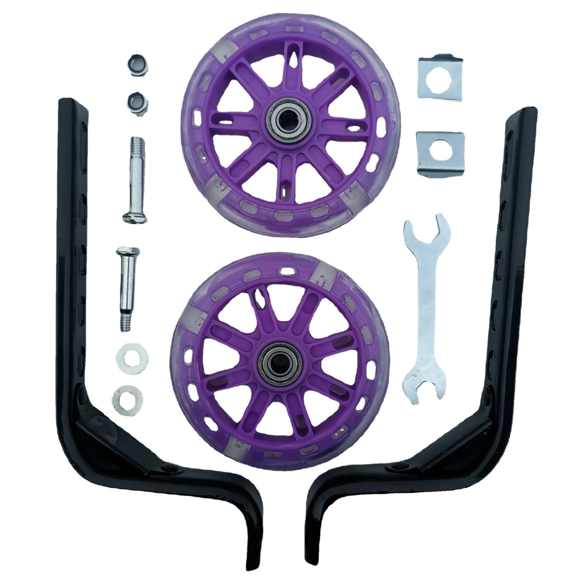 Set of children's bicycle training wheels with vertical brackets, available in multiple colours.