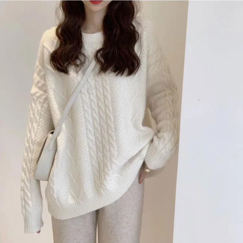 Thick hemp flowers knitted round neck sweater in khaki colour, loose retro top for women