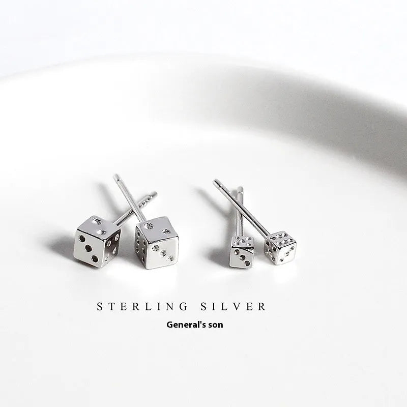 S925 sterling silver dice stud earrings in two sizes, geometric quadrilateral shape, on white background