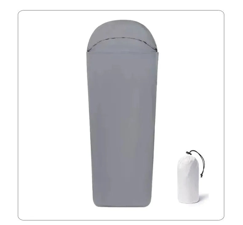 Blue lightweight nylon mummy sleeping bag for adult camping with dimensions 210x80x60cm