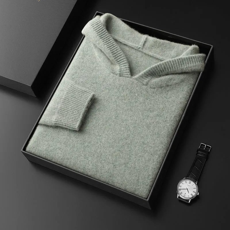 Men's cashmere hooded thickened sweater loose fit long sleeve pullover in solid colour, front view