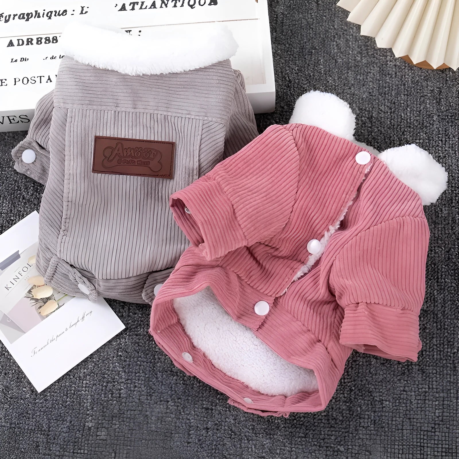 Lambswool grey dog winter vest with fleece lining shown on pet model