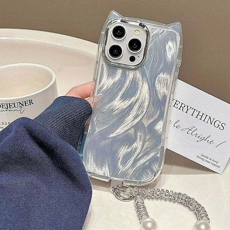 Cat ear feather yarn silicone phone case with shell chain for iPhone, showing front and back views