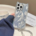Cat ear feather yarn silicone phone case with shell chain for iPhone, showing front and back views