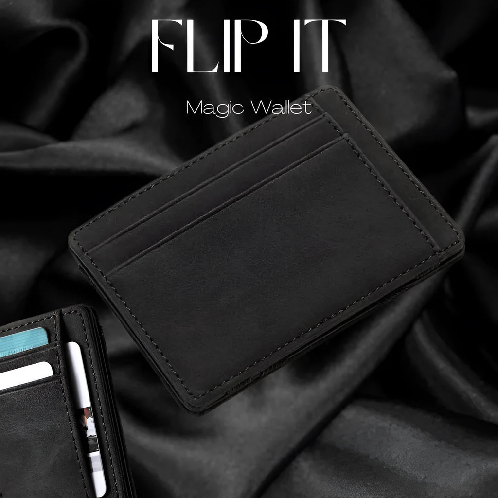 PU leather magic flip wallet in a solid colour with sewing lines, showing card holder and zippered coin purse.
