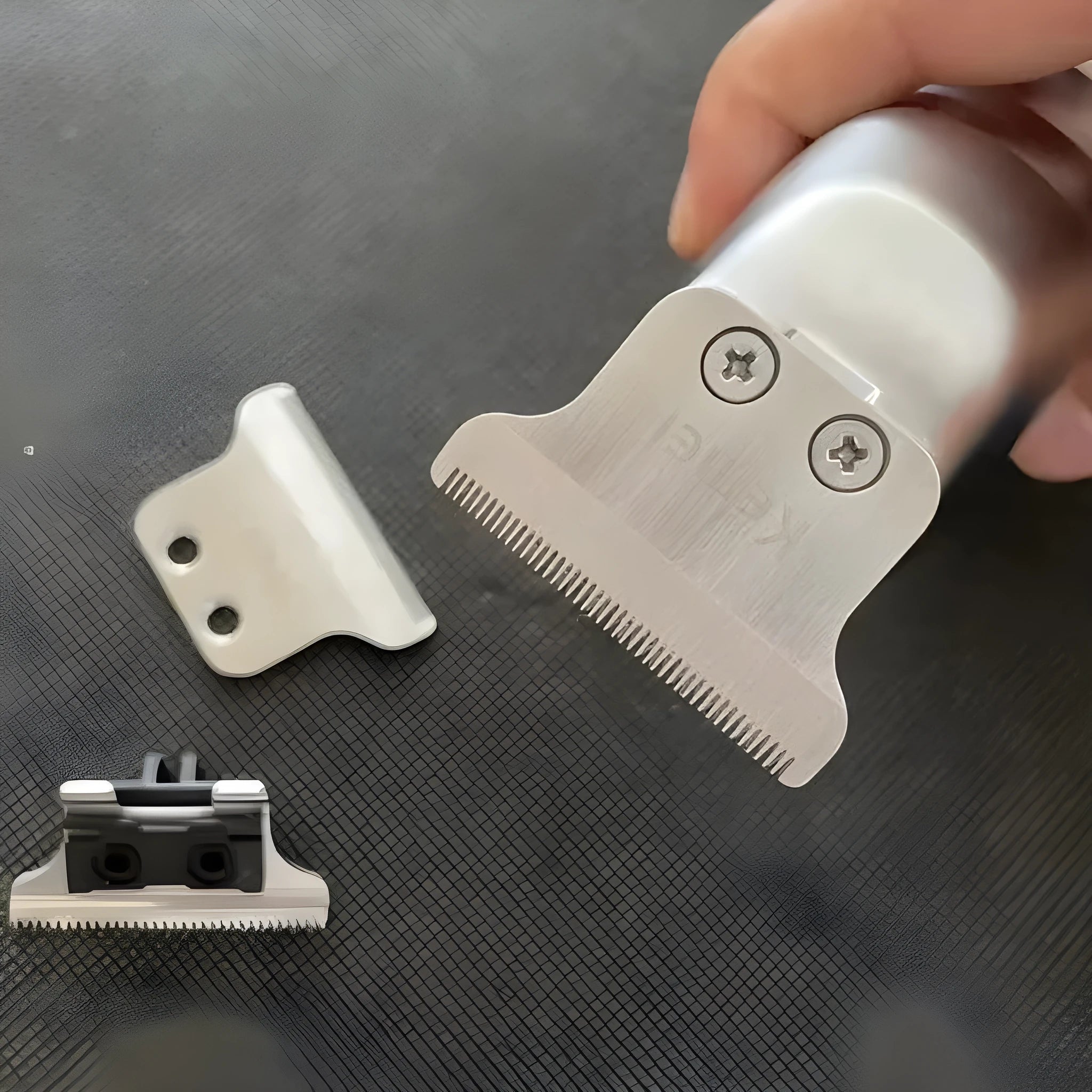 Barber scissors with LCD display showing battery status and stainless steel cutting blades