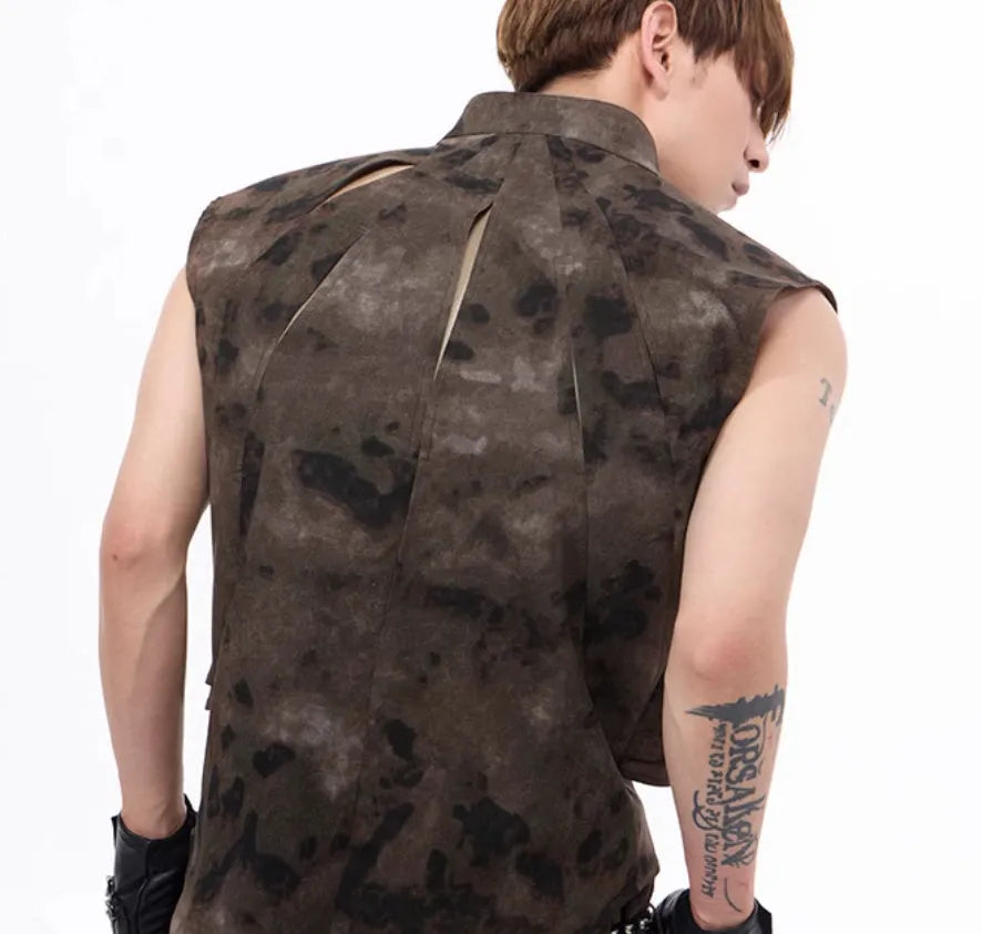 Men's camouflage denim vest and matching trousers in American retro Korean style with semi-high collar