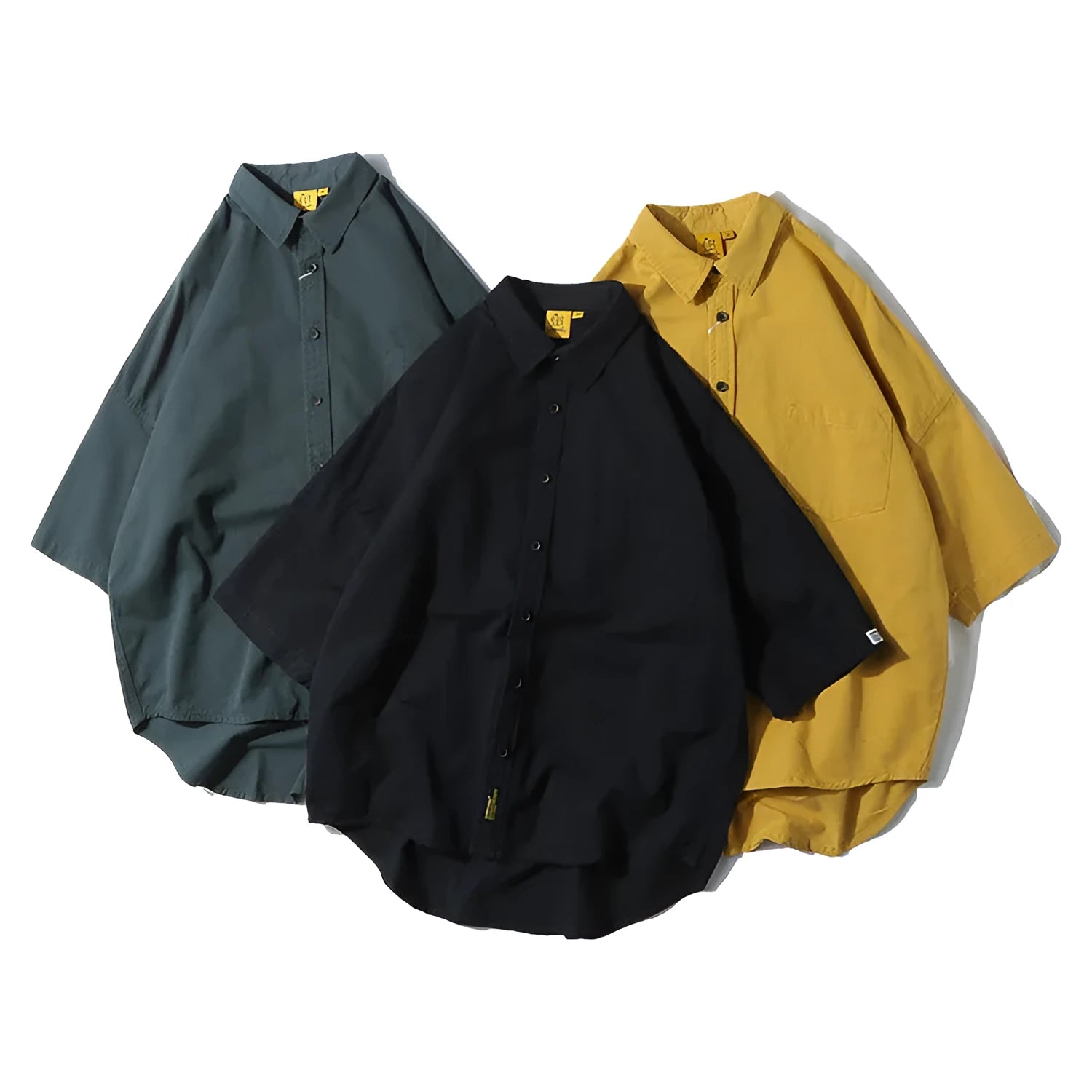 Mens loose pure cotton Japanese cardigan shirt, available in black white yellow green with short or long sleeves