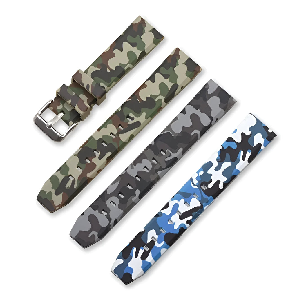 Blue, grey and green camouflage silicone watch strap with flat head, shown in 20mm 22mm 24mm widths.