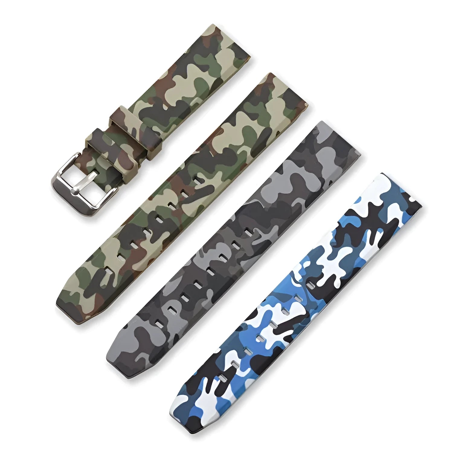 Blue, grey and green camouflage silicone watch strap with flat head, shown in 20mm 22mm 24mm widths.