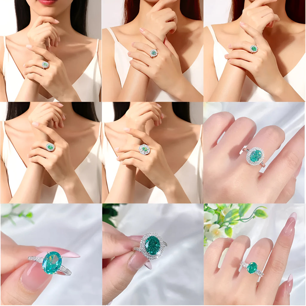 S925 sterling silver geometric ring with an inlaid emerald stone and high carbon diamond.