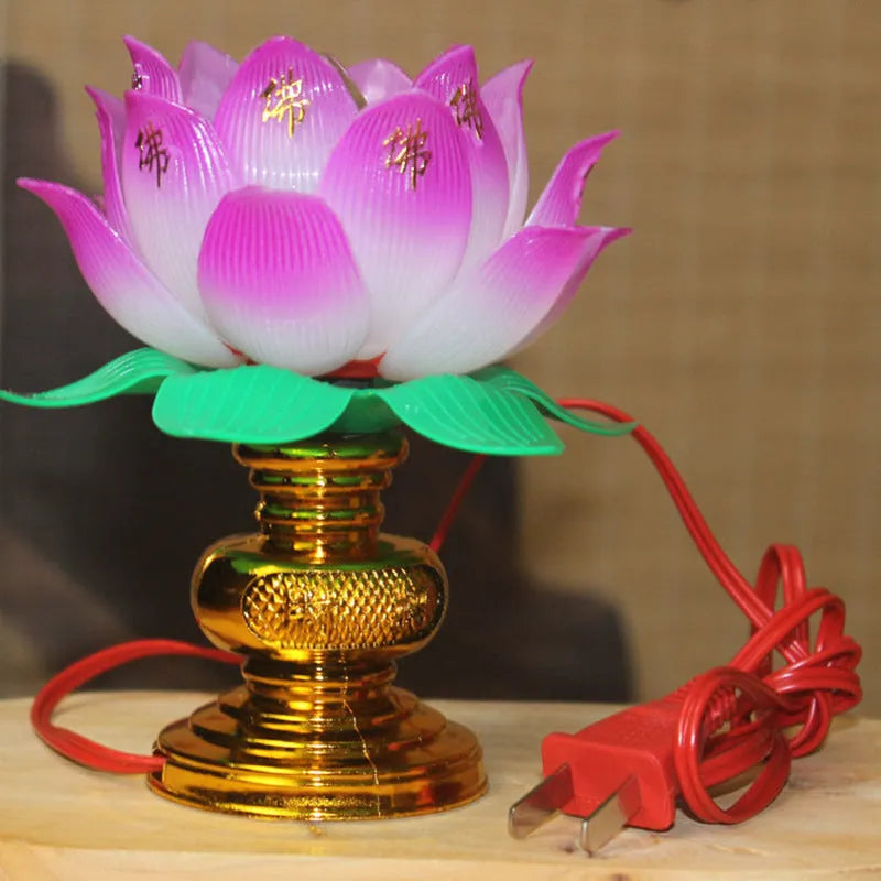 Buddha worshiping plug-in lamp featuring a colourful lotus light.