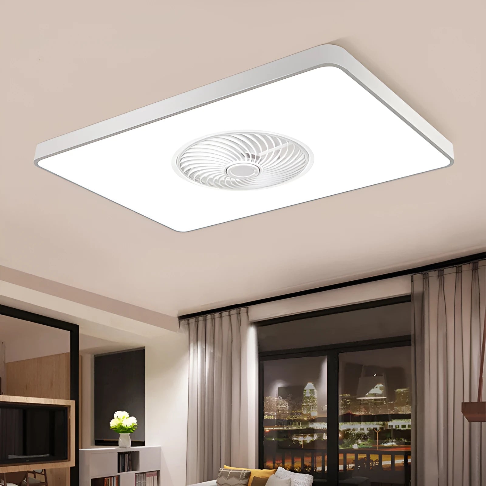 Nordic style solid wood ceiling fan with integrated PVC lampshade in rectangular, round, and square shape options