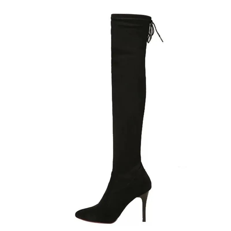 Women's black PU stiletto heel pointed boots with bow detail, rubber sole, sizes 35-40