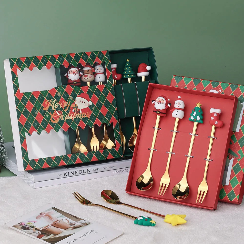Stainless steel Christmas spoon and fork set with red handles and mirror-polished finish featuring Christmas tree and snowman patterns