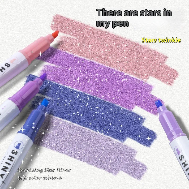 Set of four glitter highlighter pens with slanted 4mm tips in six colour variants including Taro Puff and Mung Bean Smoothie.