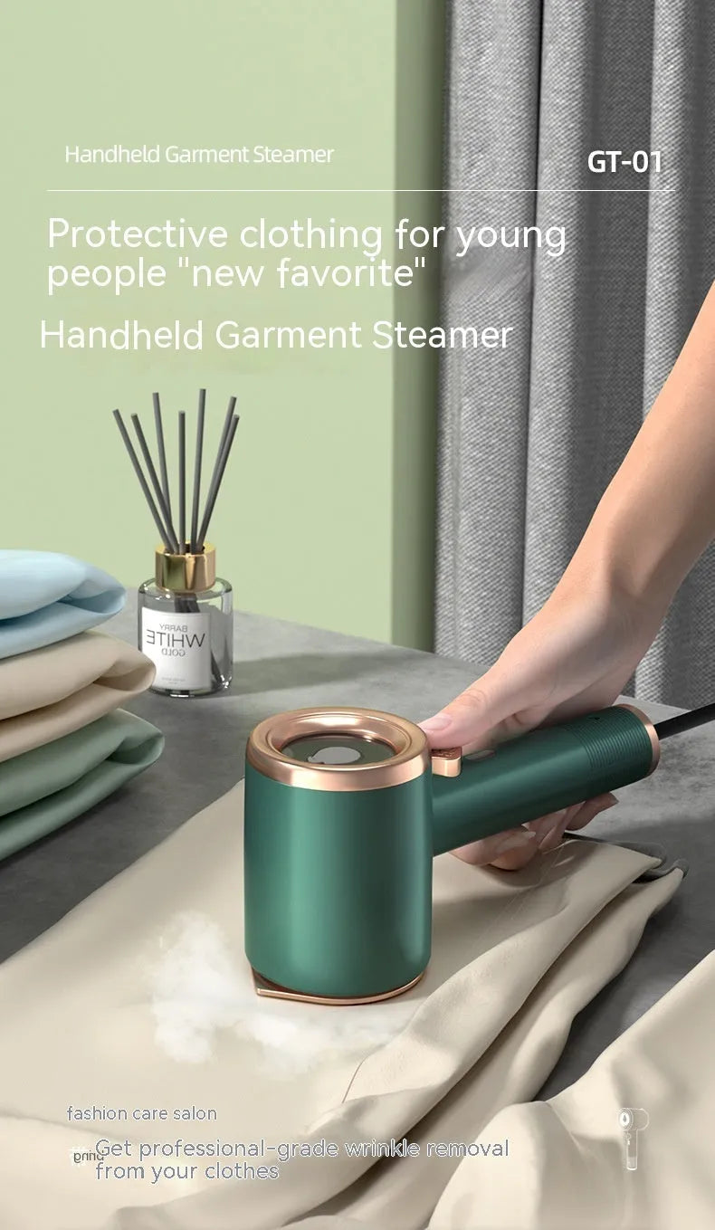 Green mini handheld garment steamer with titanium panel and transparent 50ml water tank