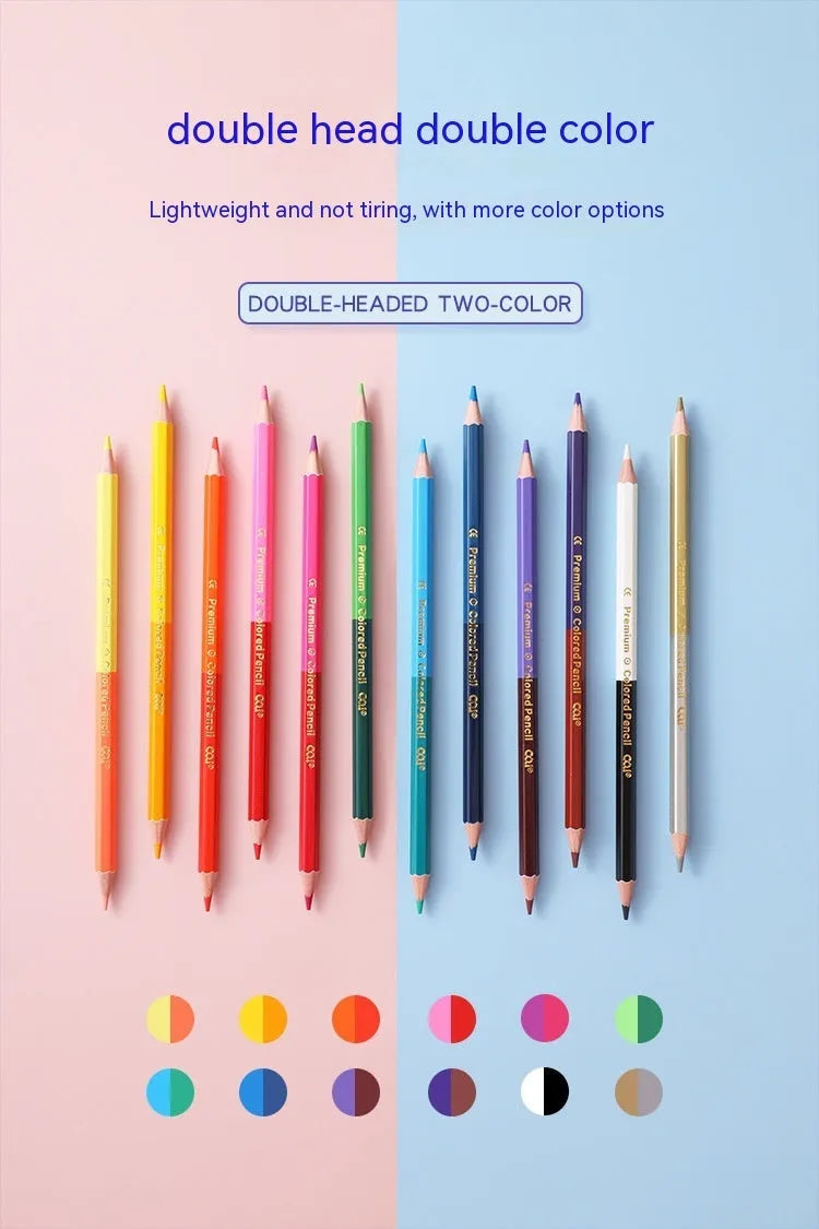 Set of double-headed wooden coloured pencils showing two pack size options: 6 pieces and 12 pieces.